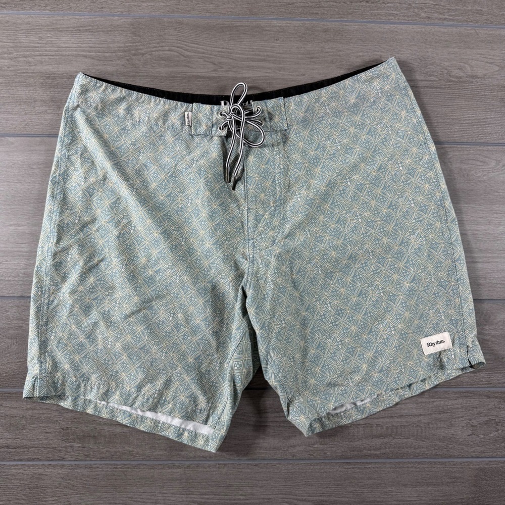 Rhythm Mens Geometric Tile Print Board Shorts Blue Cream Size 36 Swim Trunks